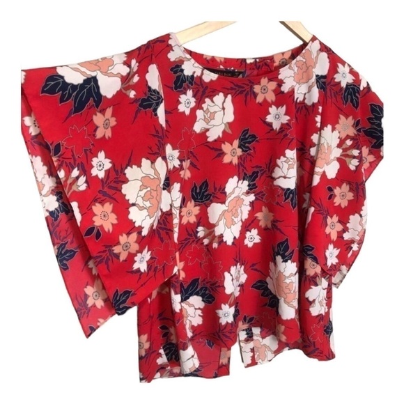 4/$45 ZARA Basic Red Floral Short Sleeve Kimono Style Top Small - Picture 6 of 8